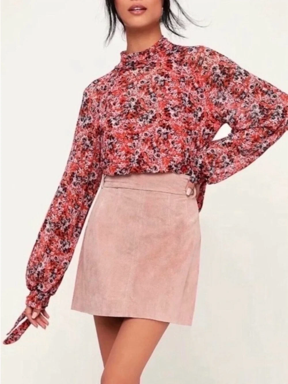 Free People All Dolled Up Floral Key Hole Mock Neck Blouse button closure
